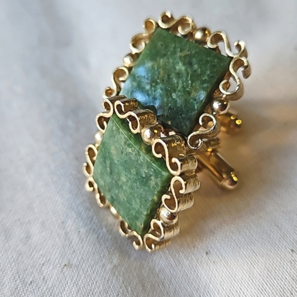 Vtg jade & gold tone cufflinks by Danté - Picture 7 of 10